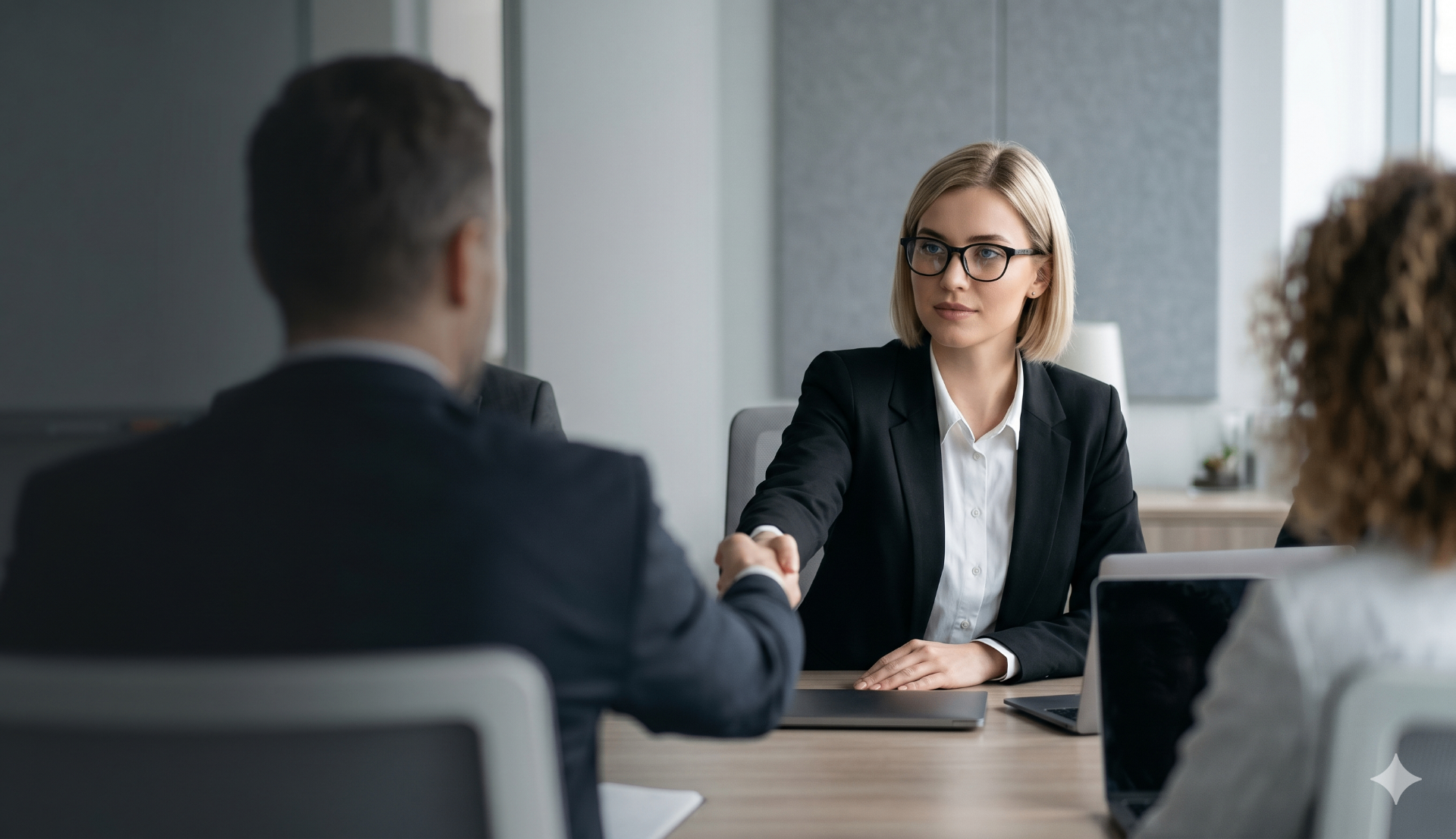 Professionals shaking hands across a conference table